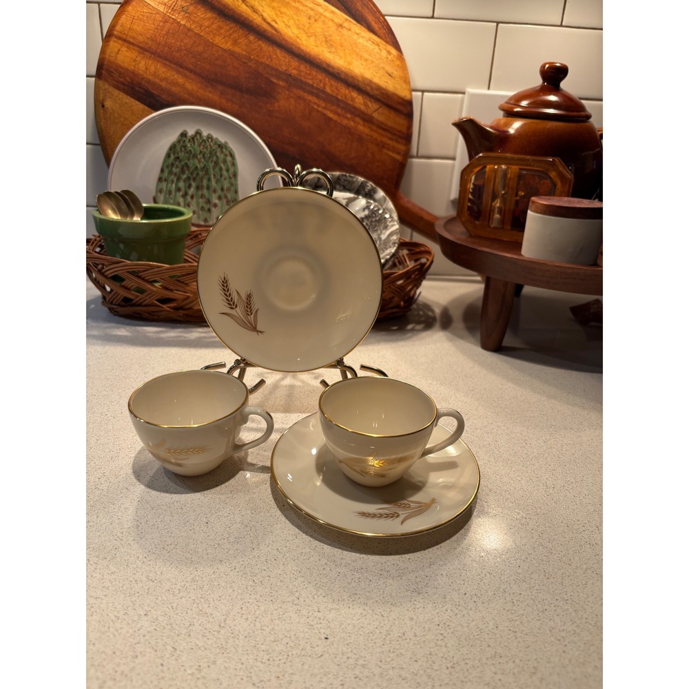 Lenox Wheat R-442 Ivory China Tea Cups and Saucers Set Gold Trim Made in USA